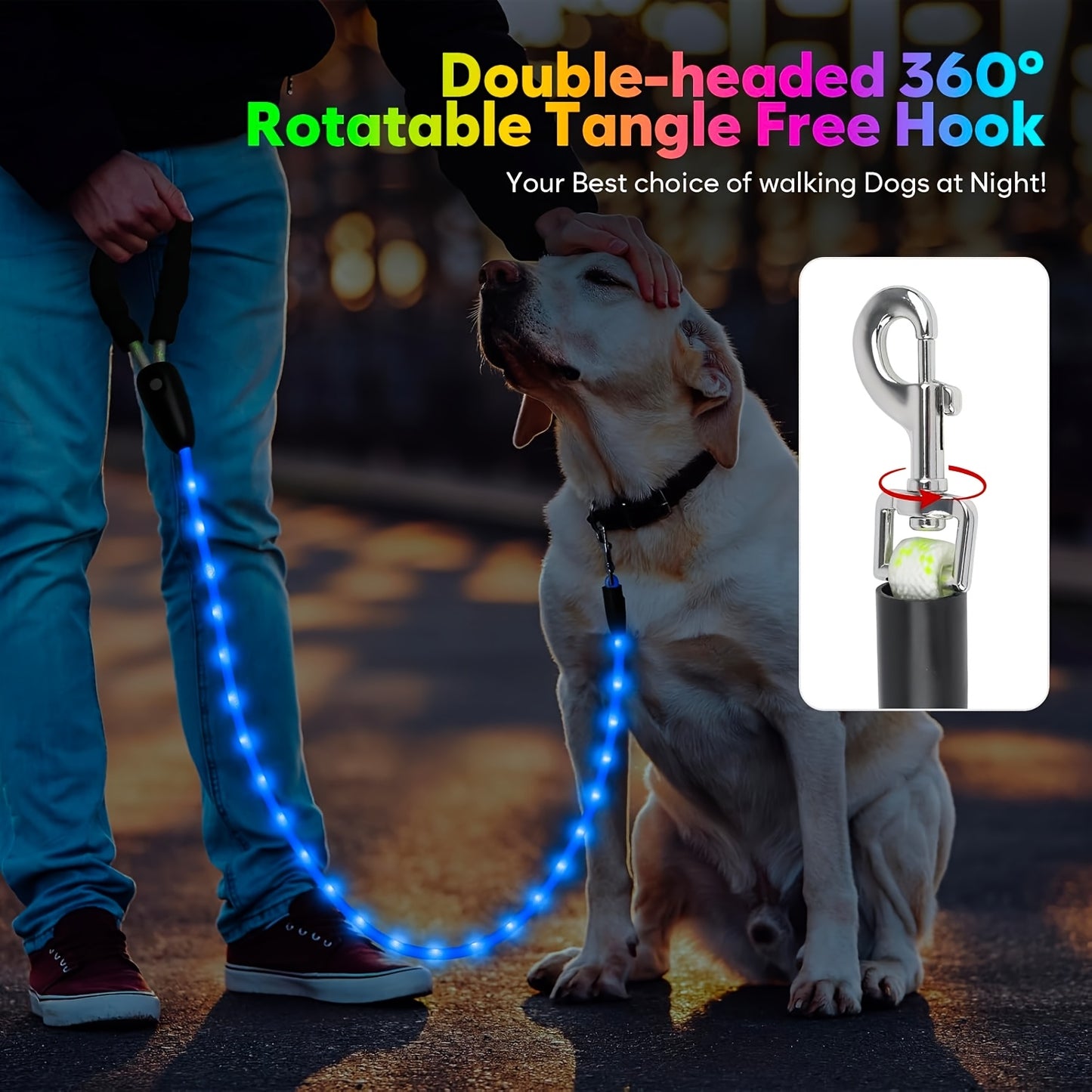 LED Dog Leash Light Up 4FT Rechargeable with 7 Lighting Modes, Glow in the Dark Reflective Double-Sided Lighted Dog Leash