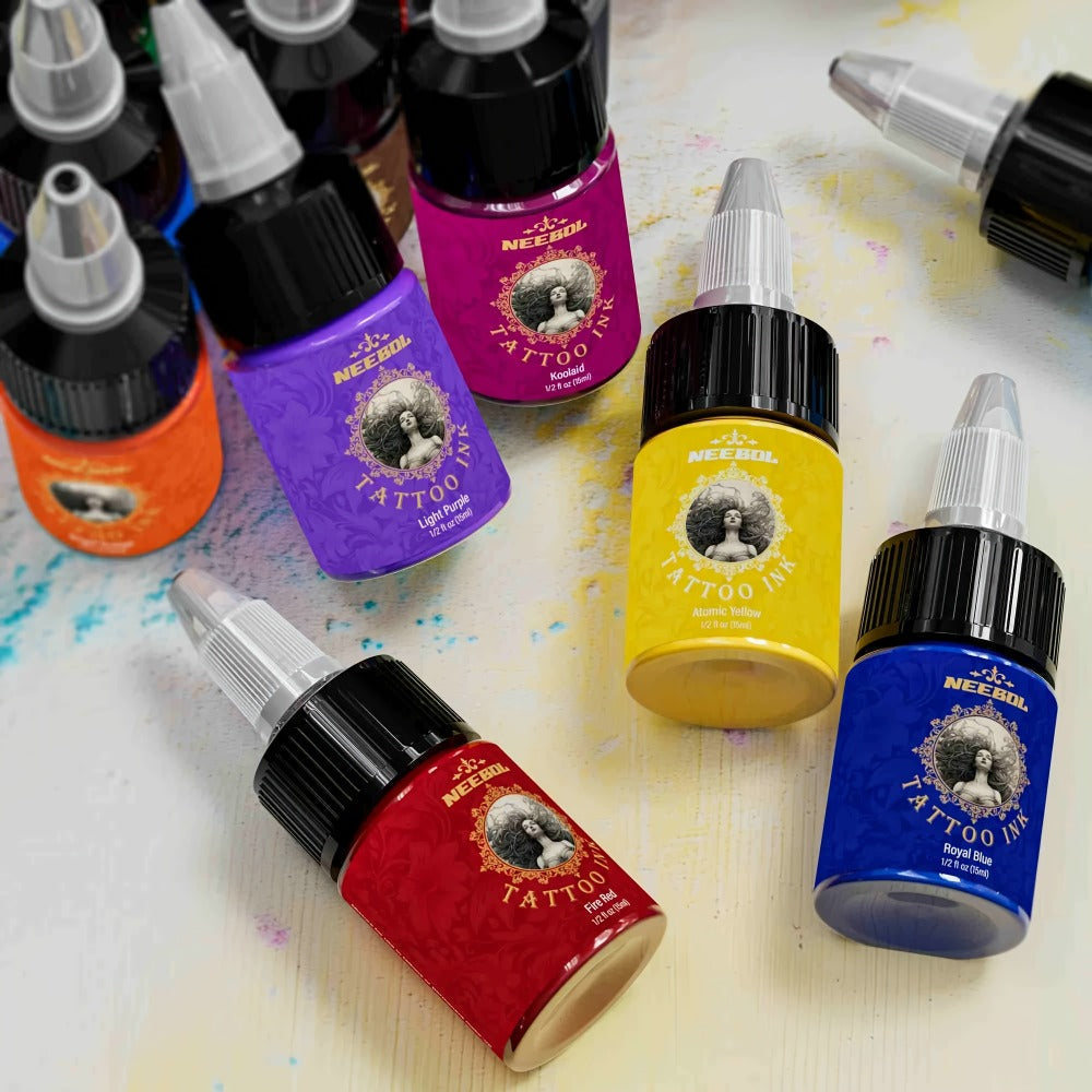 Tattoo Ink 14- or 21-Color Set with 0.5oz 15ml Bottles and Two Palette Choices for Color Selection