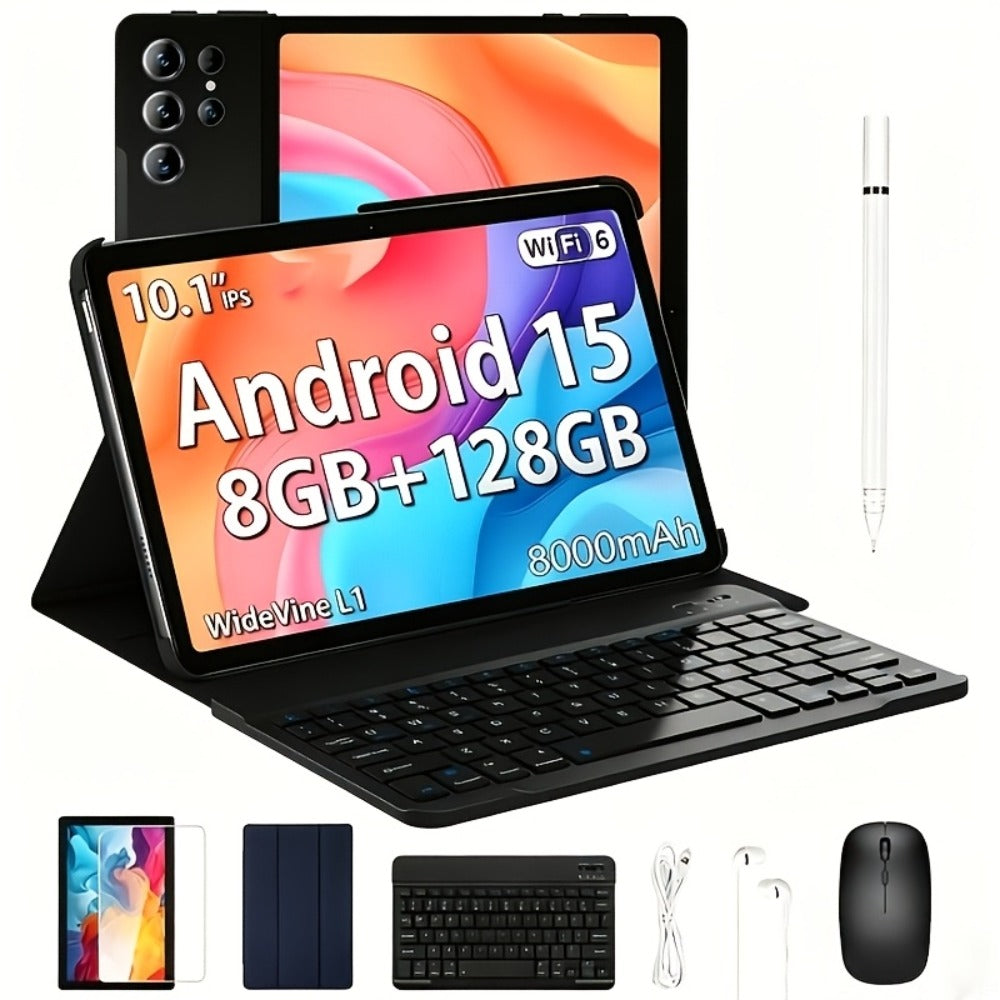 2-in-1 Tablet with Keyboard Android 15, 10.1 Inch 8GB RAM 128GB ROM 8000mAh Battery, 5G WiFi 16MP+5MP Dual Camera FHD IPS Display