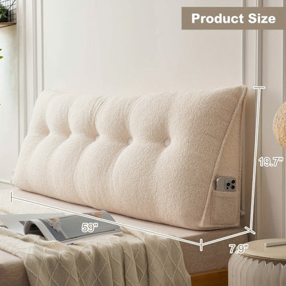 Bed Wedge Pillow Headboard Pillow with Side Pockets Removable Cover Teddy Velvet Reading Pillow Twin Queen King
