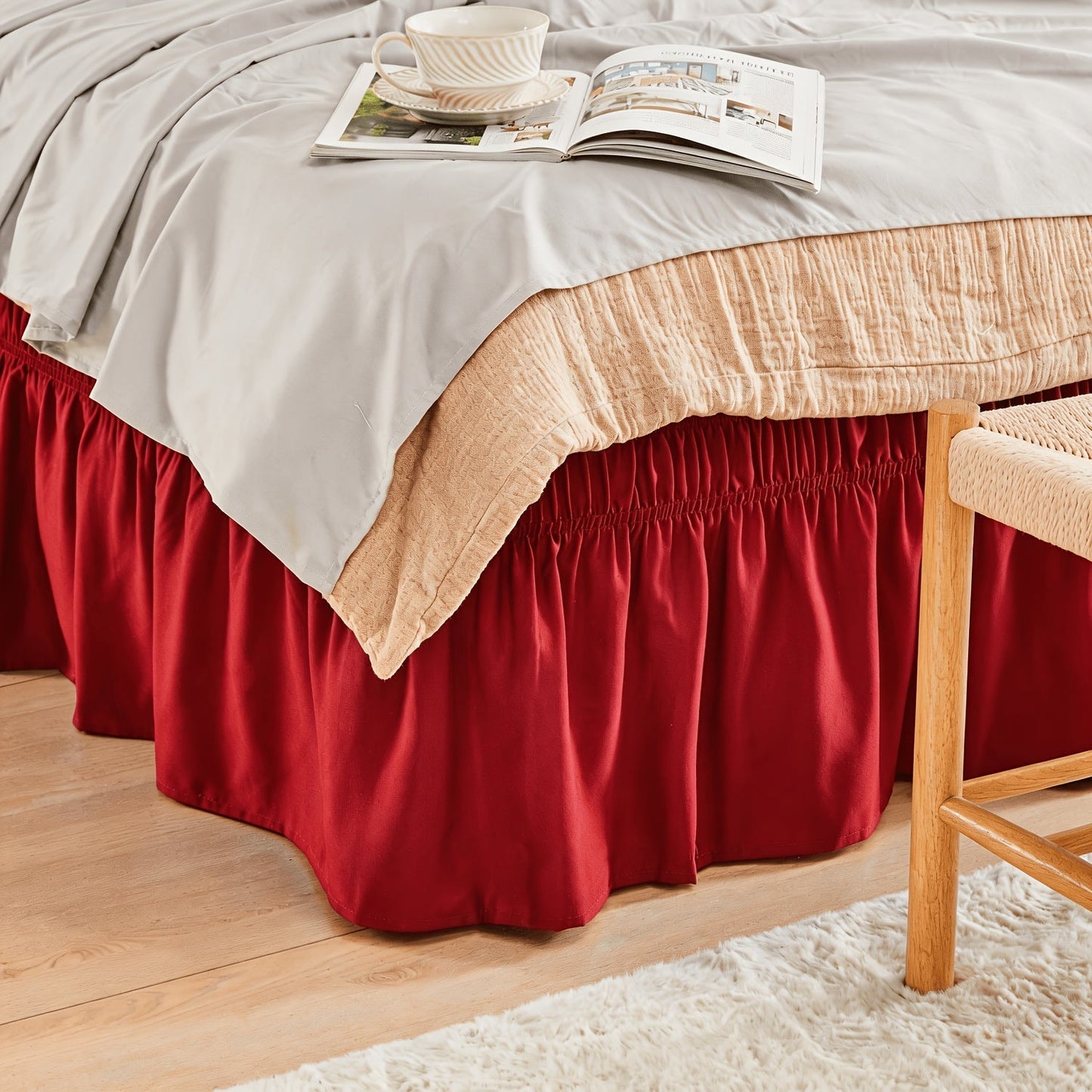 Bed Skirt Elastic Wrap Around Ruffle – 15 Inch Drop Microfiber Dust Ruffle, Adjustable No-Lift Fit, Fade Resistant Machine Washable