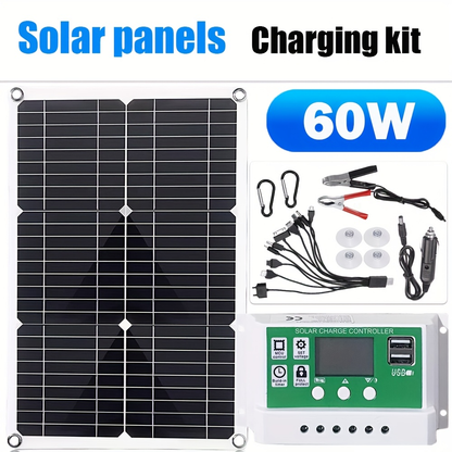 60-Watt Monocrystalline Solar Charging Kit with Green Controller and One- or Two-Panel Options