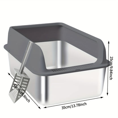 Stainless Steel Cat Litter Box with High Sides & Lid – Metal Litter Pan Anti-Leak Non-Stick Easy Clean Indoor Cat Toilet with Scoop