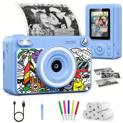 Kids Instant Print Camera with Cartoon Unicorn or Dinosaur Design, Paper Rolls, Color Pens and Four Color Options