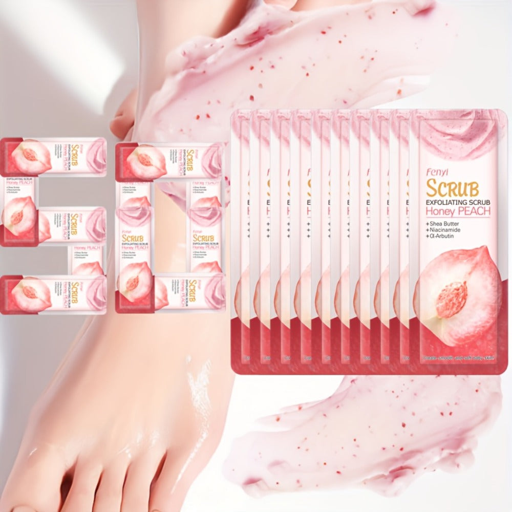Peach Body Scrub with Jojoba Beads, Fifty 0.11oz Travel Sachets for Foot and Body Care at Home