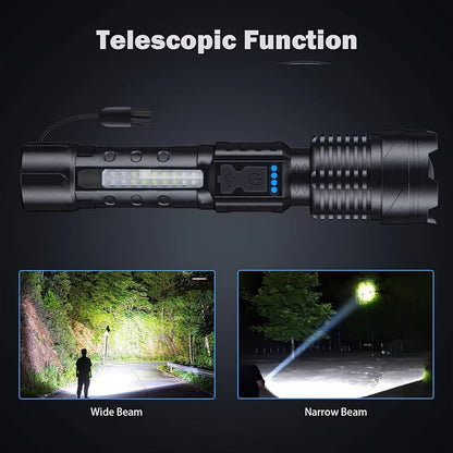 Flashlight LED and COB Dual-Light Torch with Telescopic Focus, USB-C Charging and 1500mAh Battery