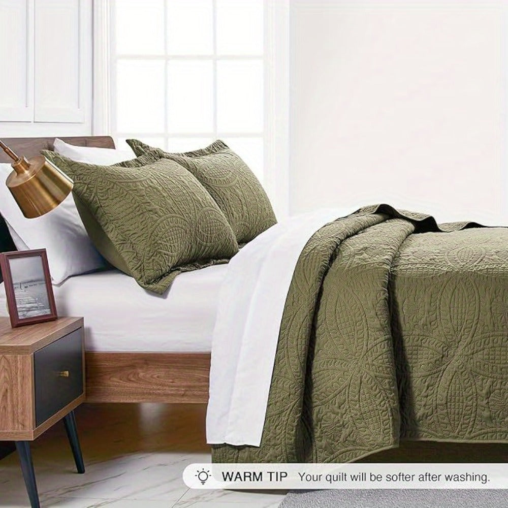 Quilt Set 3 Piece Lightweight Microfiber Bedspread with Pillow Shams – Coin Pattern Coverlet All Season Soft Bed Quilt Full Queen King