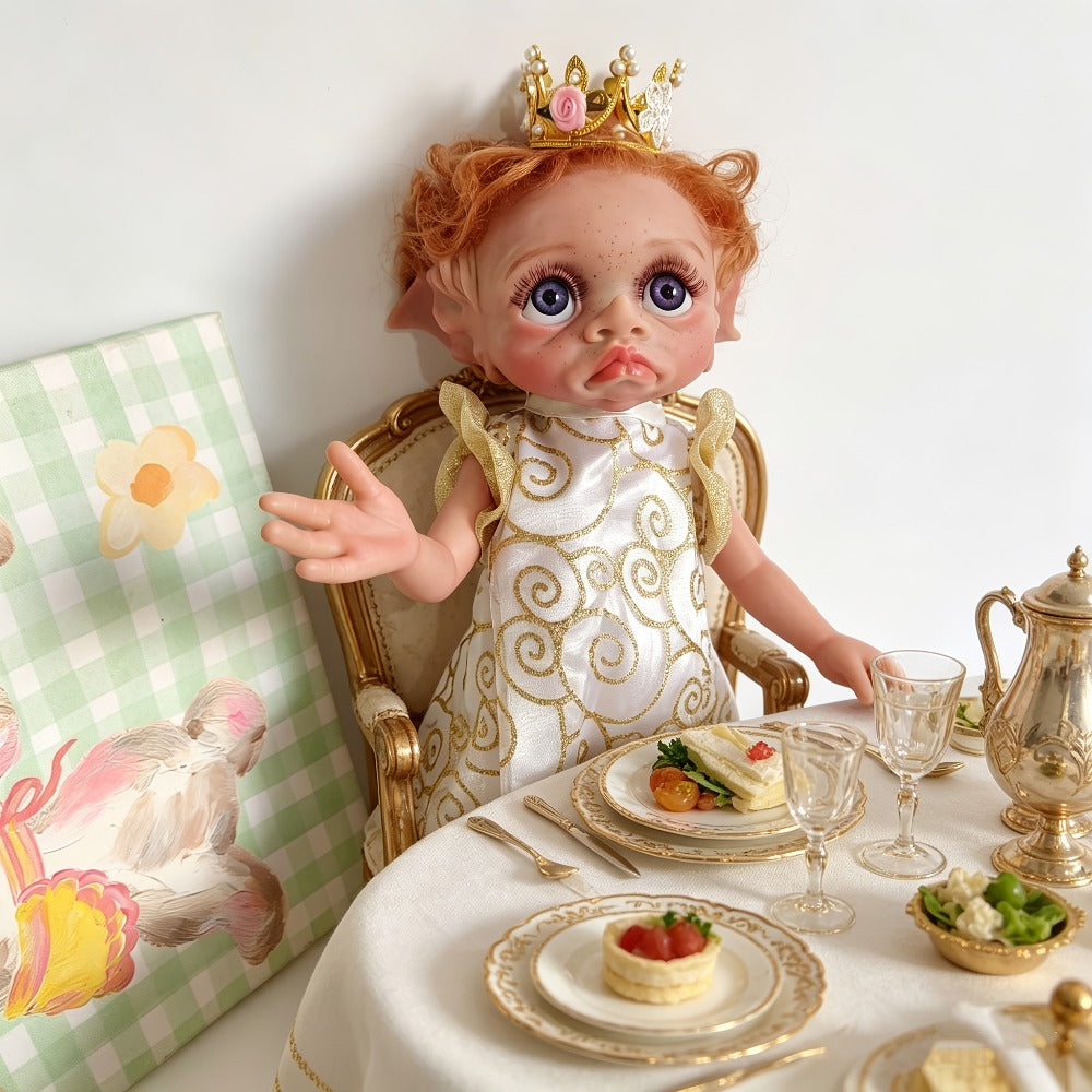 Fairy Elf Reborn Doll 15 Inch Vinyl Full Body Hand-Painted Collectible Art Doll with Wavy Hair & Crown