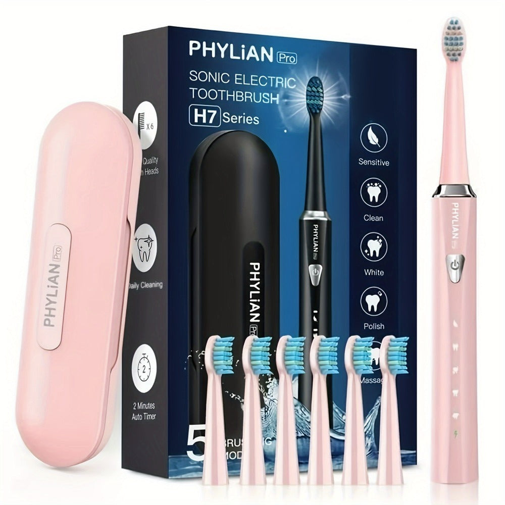 H7 Sonic Electric Toothbrush Kit in Pink, Black or Purple with Six Brush Heads and Travel Case