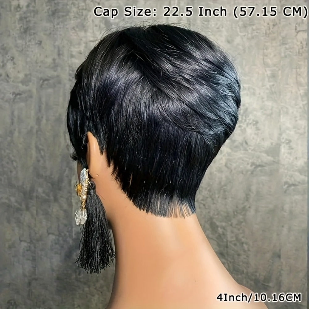 4-Inch Straight Layered Pixie Human Hair Wig in Black with 150% Density and Machine-Made Rose Net Cap
