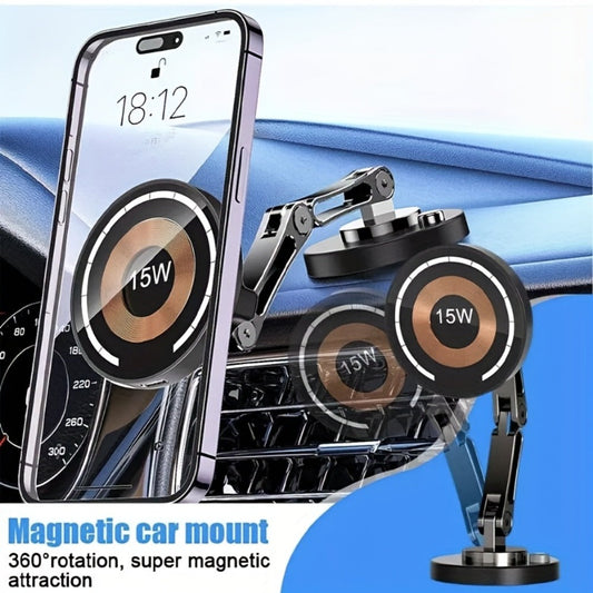 Magnetic Wireless Charging Car Mount with 15W Label, Folding Arm, 360-Degree Rotation and Black Finish
