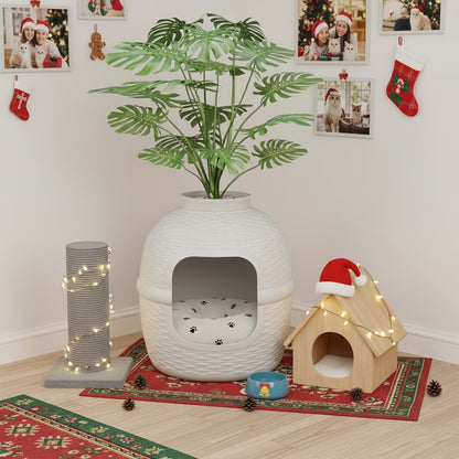 Hidden Litter Box Enclosure with Rattan Plant Design – Large Cat Litter Box Furniture, Waterproof PP, Easy Assembly