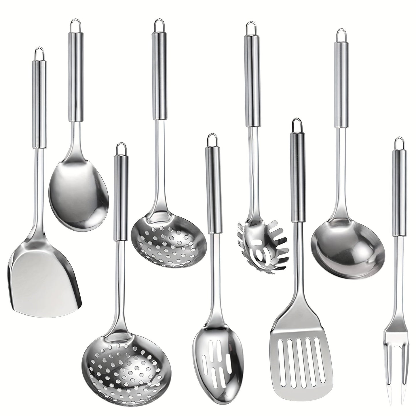 Kitchen Utensils Nine-Piece 304 Stainless Steel Set with Hanging Loops and Mixed Cooking Tools