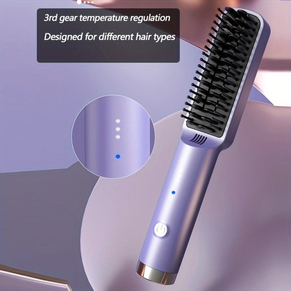 Compact Hair Straightening Brush with Three Color Options, LED Indicators and Three Pictured Heat Levels