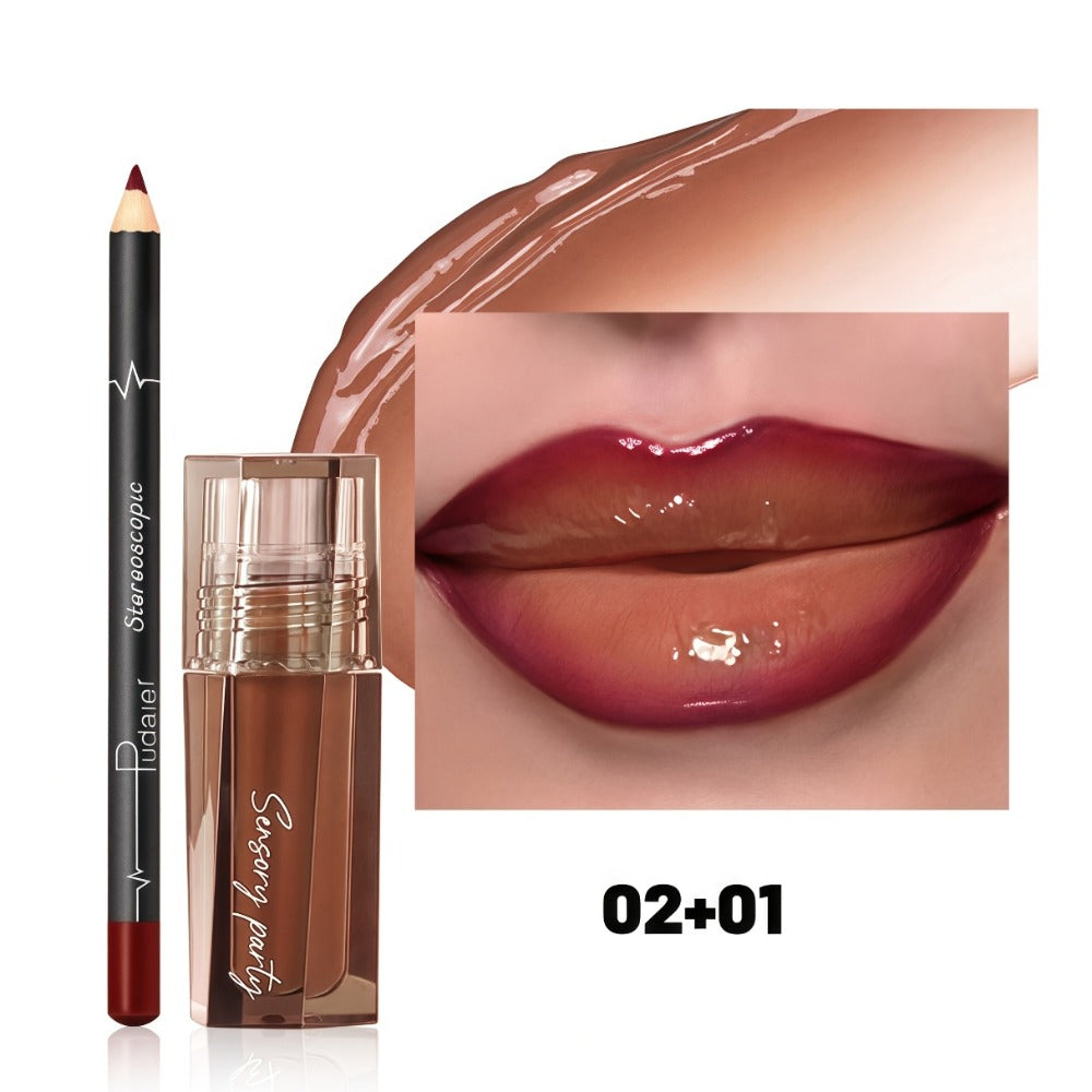 Dewy Glass Lip Gloss & Liner Duo – Hydrating Water-Gloss Luminous Finish with 3D Precision Matte Lip Liner