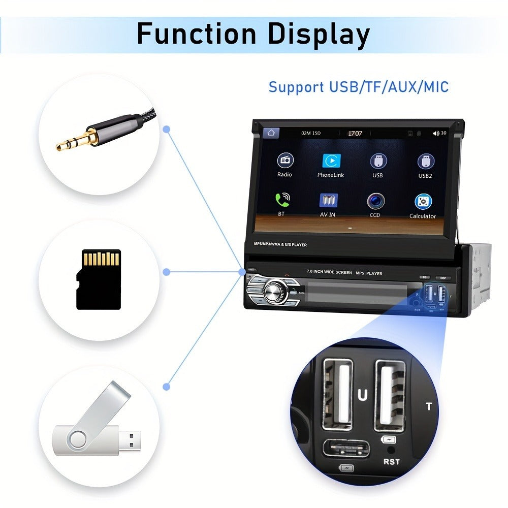 Single Din Car Stereo 7 Inch Flip Out Touchscreen – Wireless CarPlay & Android Auto, 1080P HD, FM Radio, SWC, Voice Control, USB/Type-C/AUX