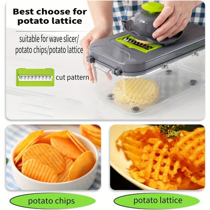 22-in-1 Vegetable Chopper with Gray Container, 13 Blade Inserts, Lemon Squeezer and Egg Separator Accessories