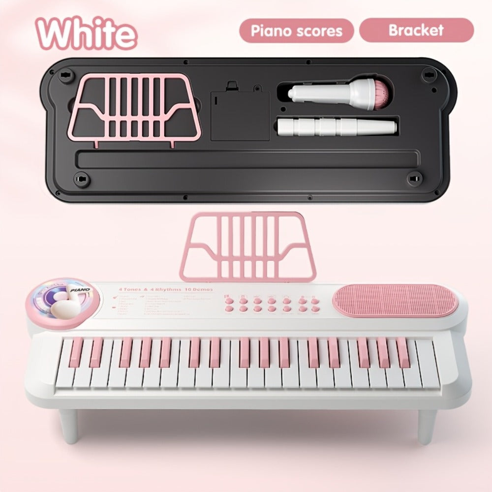 Kids Electronic Keyboard Piano Toy 37-Key White, Multi-Function Beginner Musical Instrument with Microphone