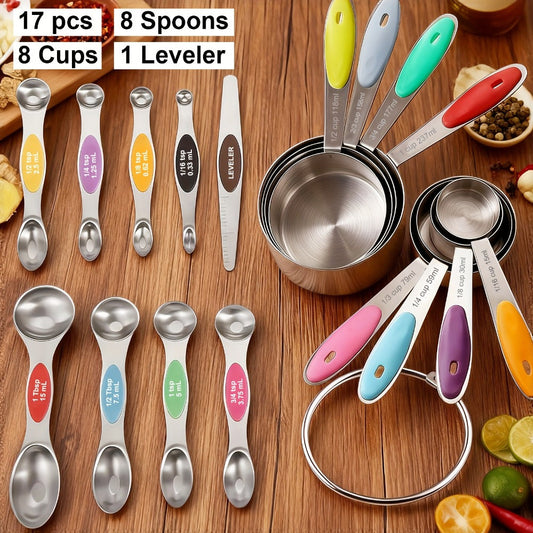 Stainless Steel Measuring Cups and Spoons Set 17 Piece – 8 Measuring Cups, 8 Double-Sided Spoons & 1 Leveler for Baking