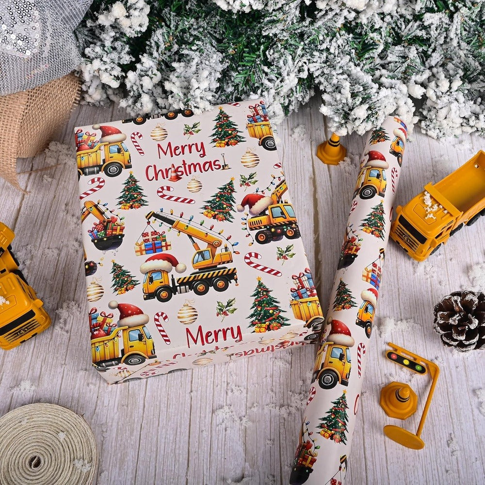 Christmas Wrapping Paper Construction Vehicles – Dump Trucks Excavators Tractors Gift Wrap for Boys Girls, 58"x23" Roll (28.5 Sq Ft)