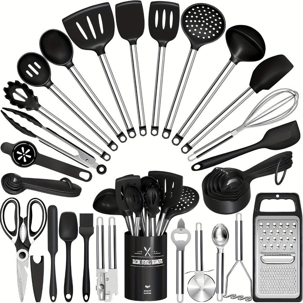 Kitchen Utensils 34-Piece Silicone and Stainless Steel Handle Set with Holder in Four Colors