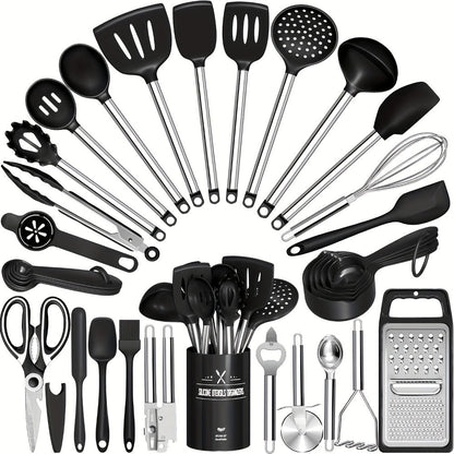 Kitchen Utensils 34-Piece Silicone and Stainless Steel Handle Set with Holder in Four Colors