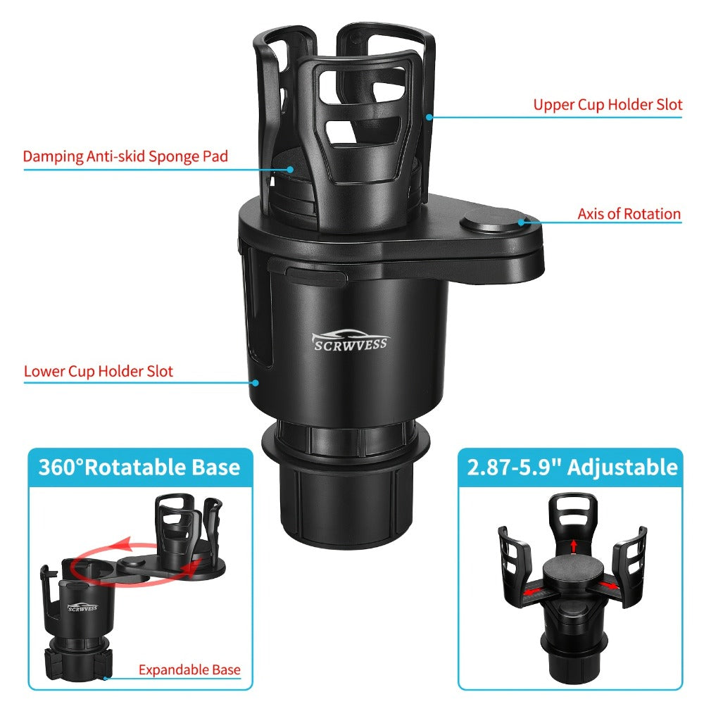 Cup-Holder Phone Mount and Expander with Rotating Cup Ring, Adjustable Side Cradle and Two Layout Options