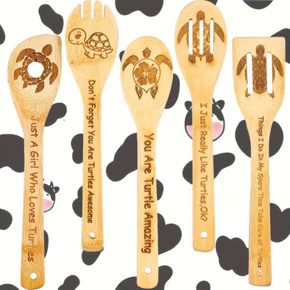 Kitchen Utensils Five-Piece Bamboo Spoon and Spatula Set with Engraved Turtle Designs for Cooking