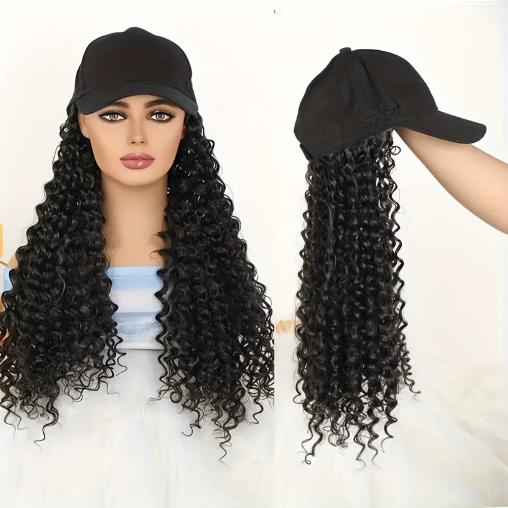 Afro Kinky Curly Baseball Cap Wig for Women 18 Inch Hat and Wig Combo Adjustable Elastic Net Long Synthetic Curly Hair Multi-Color Casual