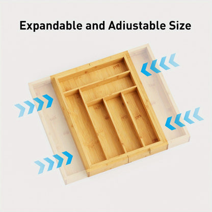 Expandable Bamboo Drawer Organizer with 6–8 Compartments, Sliding Sides and Natural Wood Finish
