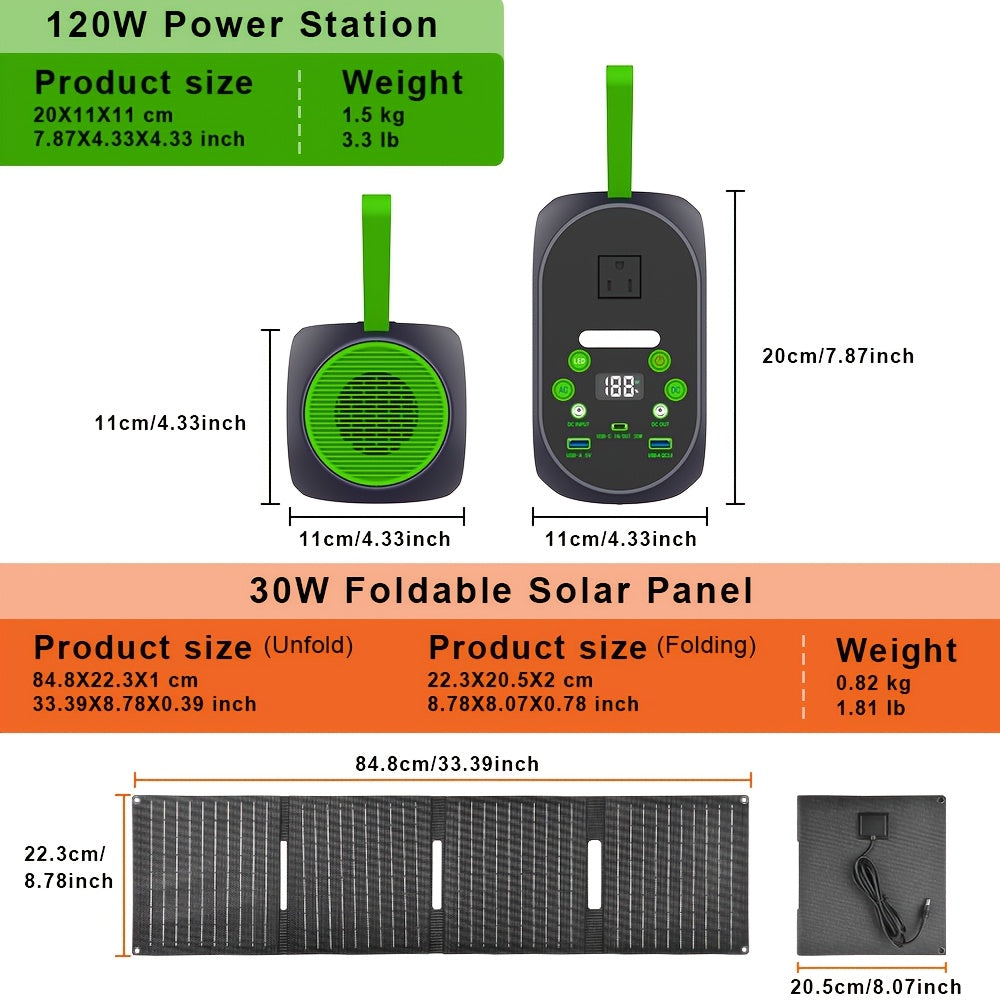 Power Station with Solar Panel, 99.84Wh 120W LiFePO4 Unit with 30W Foldable Solar Panel and Five Outputs