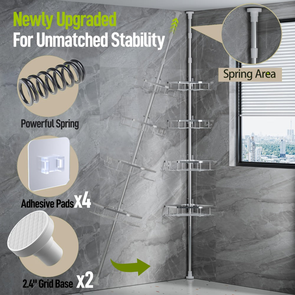 Corner Shower Caddy Tension Pole No Drilling Shower Organizer Shelf with Hooks for Bathroom for Bath Time, Home Spa and Personal Care