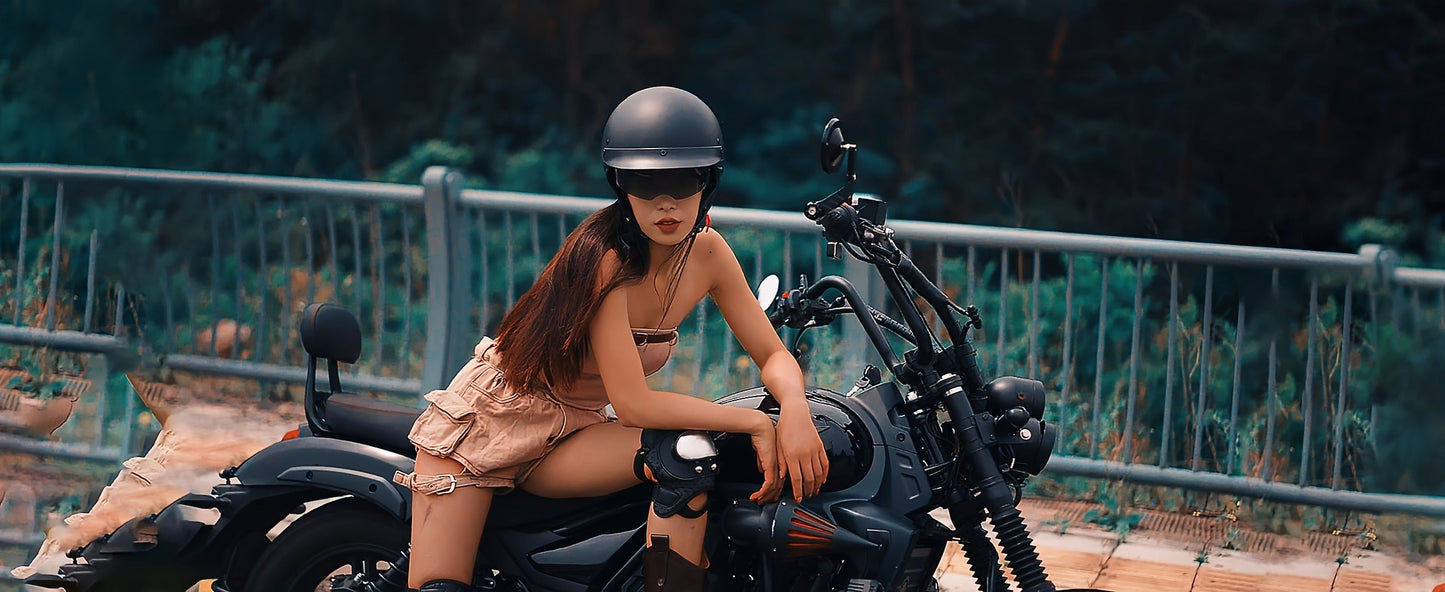 Motorcycle Helmet 1STORM Half-Shell with Retractable Smoked Visor, Five Graphic Styles, S-XL Sizes and Quick-Release Strap