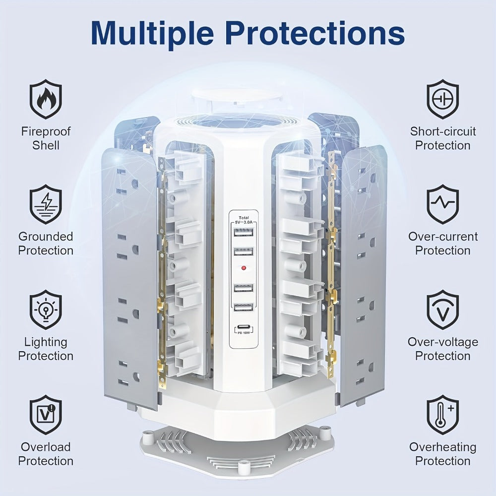 PD18W USB-C Power Strip Tower 21-in-1, 16 AC Outlets & 5 USB Ports, 1500J Surge Protector, Angled Flat Plug