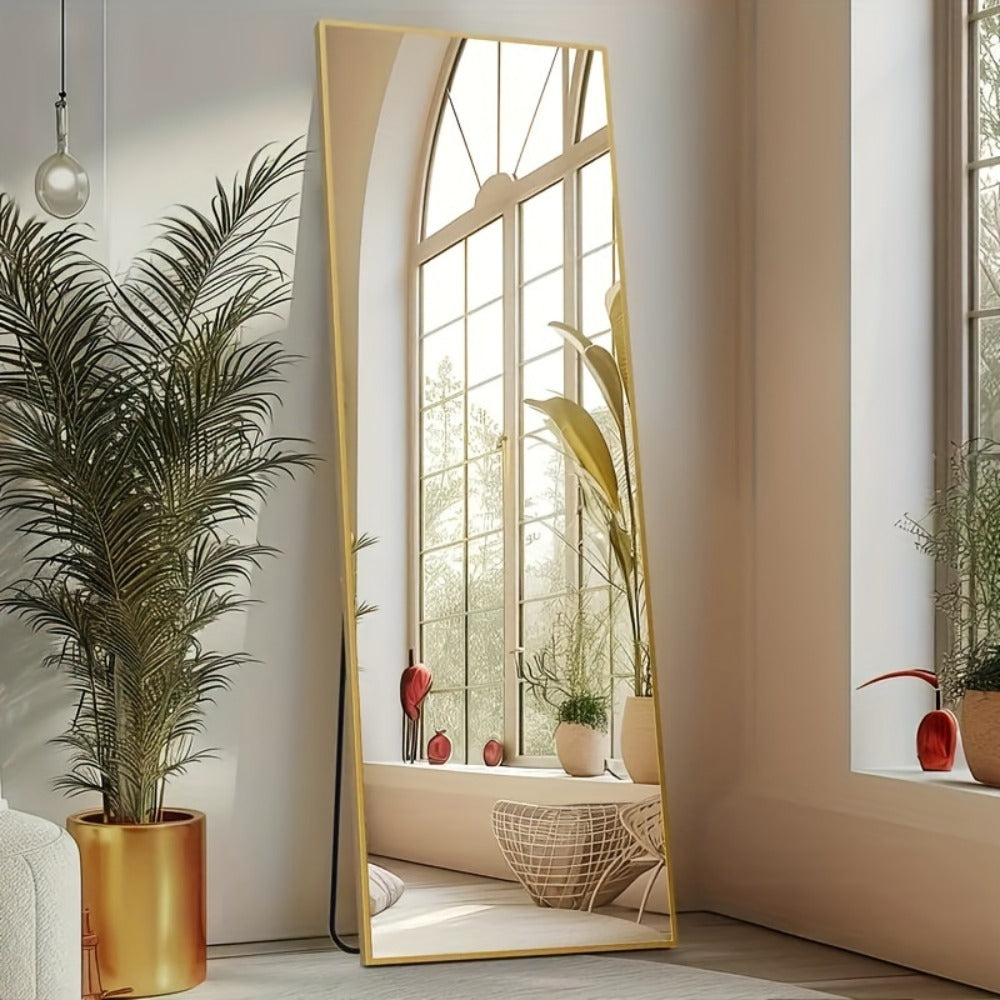Full Length Mirror Floor Standing with LED Light – Arched & Rect Aluminum Frame Dressing Mirror for Bedroom Living Room, Black/Golden/White
