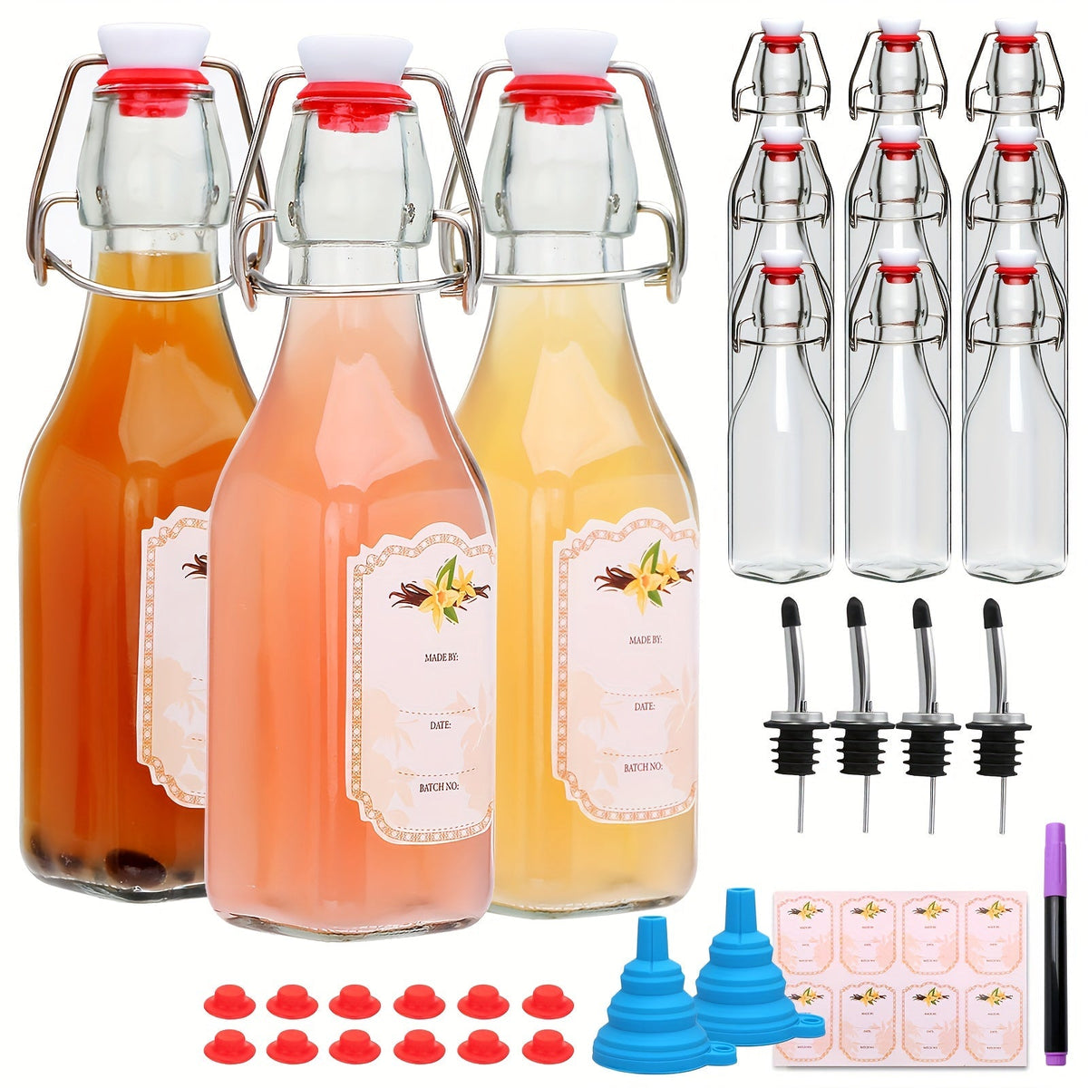 Glass Bottle Set Kitchen Organizer 8 oz Clear Swing-Top Bottles in 6-, 9- or 12-Piece Packs