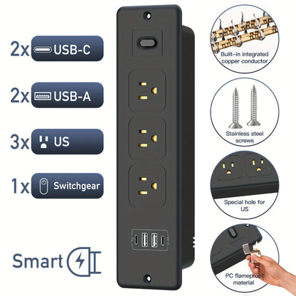 Recessed Power Strip In-Desk Embedded Socket 7-in-1, 3 AC Outlets & 4 USB Ports, Slim Space-Saving Design