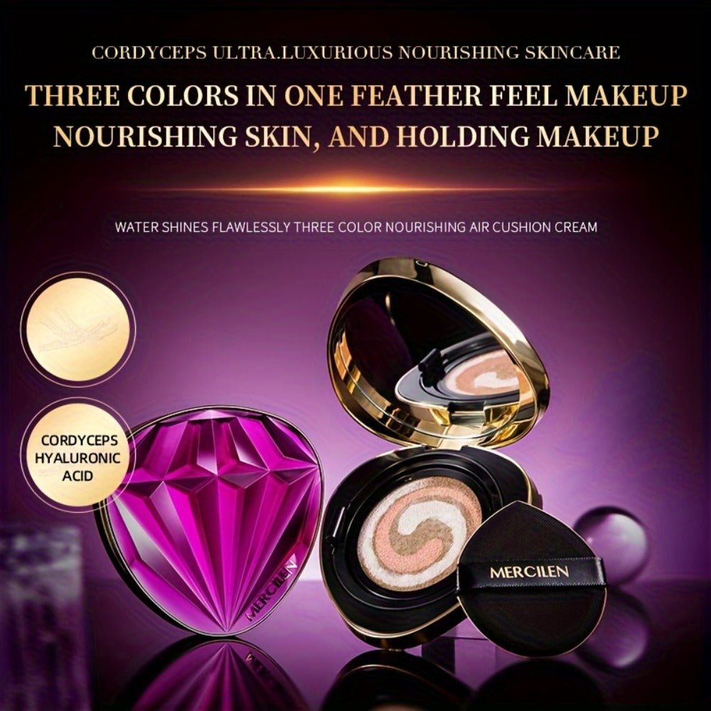 Air Cushion BB Cream Foundation Moisturizing Medium Coverage Dewy Finish with Plant Squalane Glycerin Tri-Color Adaptive Blends All Skin