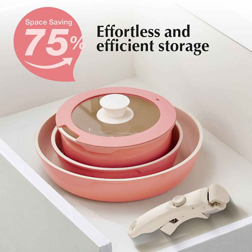 Cookware Set IKTU 5-Piece Detachable-Handle Aluminum Pots and Pans in White, Pink, Beige or Coral Pink