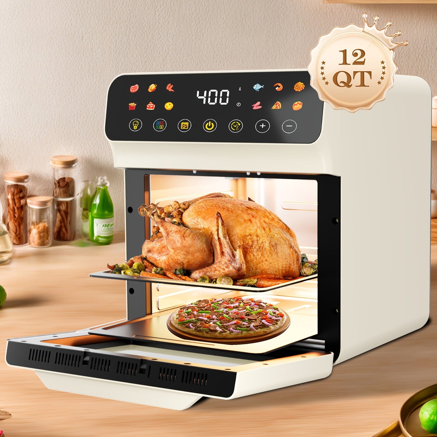 12Qt Air Fryer Convection Oven with Viewing Window, Touchscreen Panel, 12 Function Icons and Two Colors