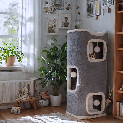 Cat Tree Tower Multi-Level Foldable – Indoor Cat House with Scratch Resistant Post, Soft Top Cat Bed, Cat Hideaway & Bell Ball Toy