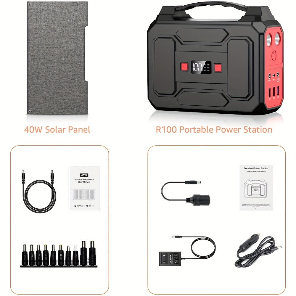 100W 146Wh Portable Power Station Solar Generator with 40W Foldable Solar Panel, 146Wh Backup Battery for Camping Hiking RV Emergency