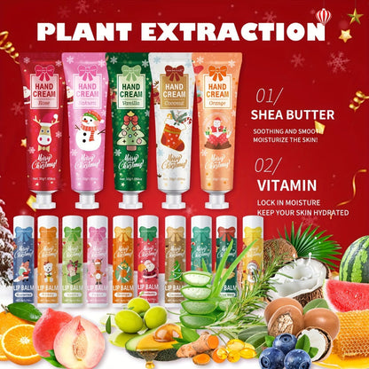 Bulk Gift Set 120 Pieces Lip Balm & Hand Cream with Red Velvet Bags & Holiday Cards – Moisturizing Party Favors for Colleagues
