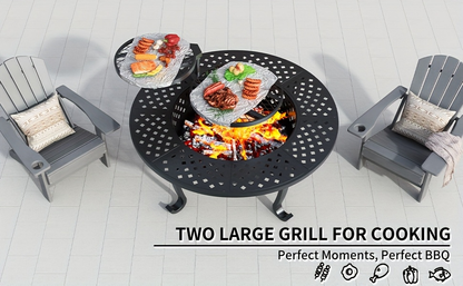 43-Inch Round Fire Pit Table with Two Cooking Grates, Center Lid, Perforated Bowl and Long Poker