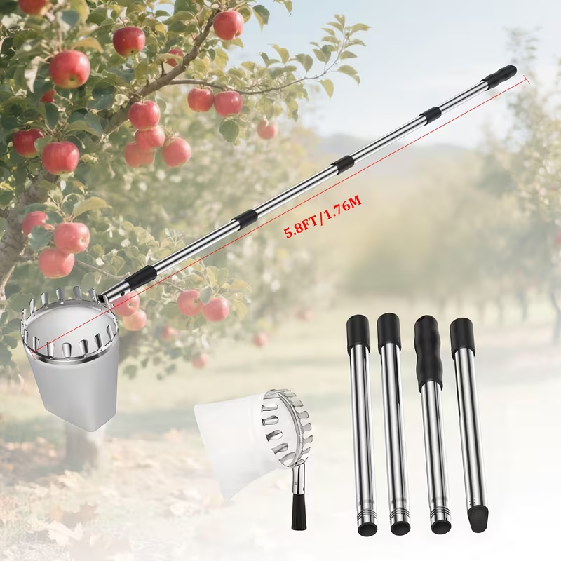 Stainless Steel Fruit Picker with Adjustable 63 to 157 Inch Extension Pole and Non-Slip Handle for Orchard Harvesting