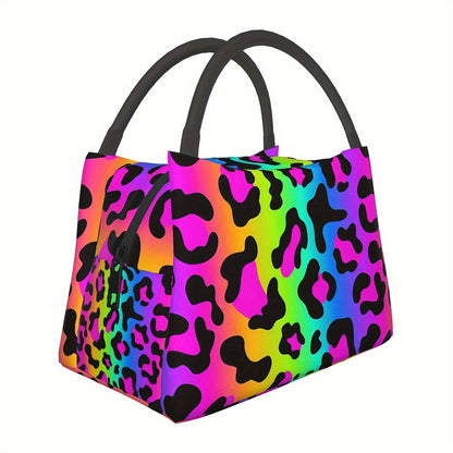 Multicolor Leopard-Print Lunch Tote with Black Handles in an 11 x 6.5 x 7-Inch Checkout Pictured