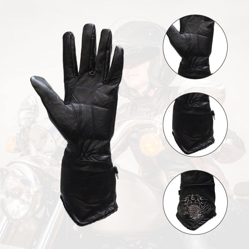Black Full-Finger Motorcycle Gloves with Long Gauntlet Cuffs, Stitched Eagle Motif and Five Sizes