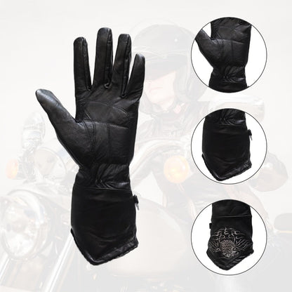 Black Full-Finger Motorcycle Gloves with Long Gauntlet Cuffs, Stitched Eagle Motif and Five Sizes