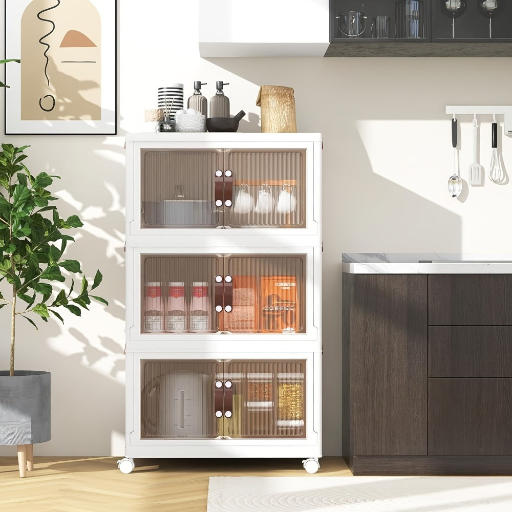 Front-Door Stackable Storage Bin Cabinets with Wheels in One-, Two- or Three-Pack Options for Home Use