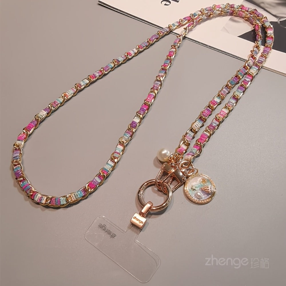 Metal Chain Phone Crossbody Strap Painted Fabric Long Lanyard Fashionable Disc Button Shoulder Phone Strap